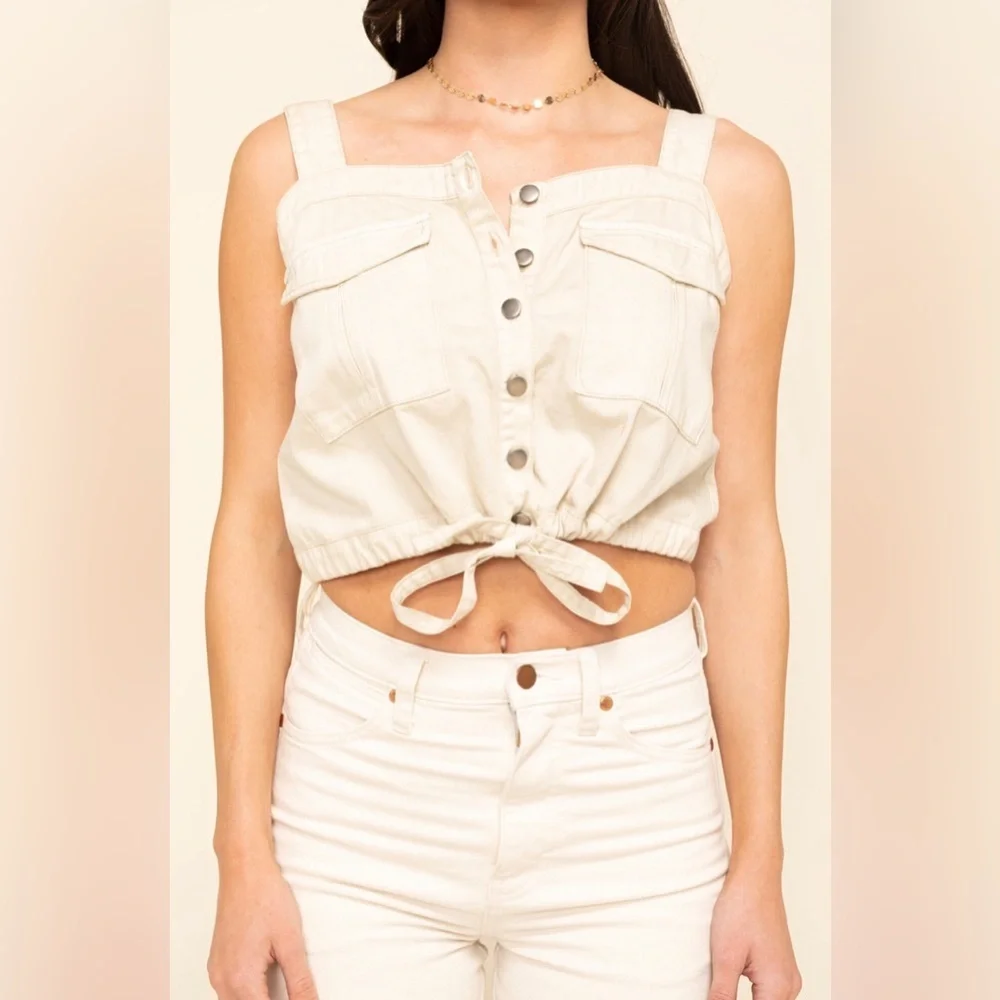 FREE PEOPLE We The Free Palm Desert Cream Denim Crop Top Tank Size XS
